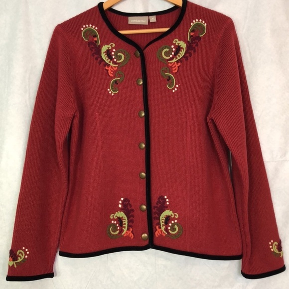 Croft Barrow Sweater Womens Red Woolen Embroidered Button Up Cardigan Size M - Picture 3 of 12